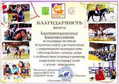 Благодарственное письмо за поддержку фестиваля по конному спорту 